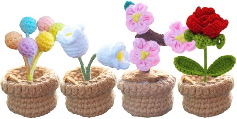 Yangshine 4 Pieces Mini Artificial Flowers in Pot Handmade Crochet Knitted Flowers Pink Peach Blossom Lily of the Valley Balloon Flower for Home Office Car Dashboard Decoration, Color - Image 1