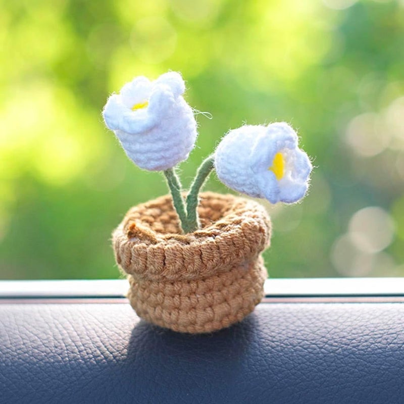 Yangshine 4 Pieces Mini Artificial Flowers in Pot Handmade Crochet Knitted Flowers Pink Peach Blossom Lily of the Valley Balloon Flower for Home Office Car Dashboard Decoration, Color - Image 5