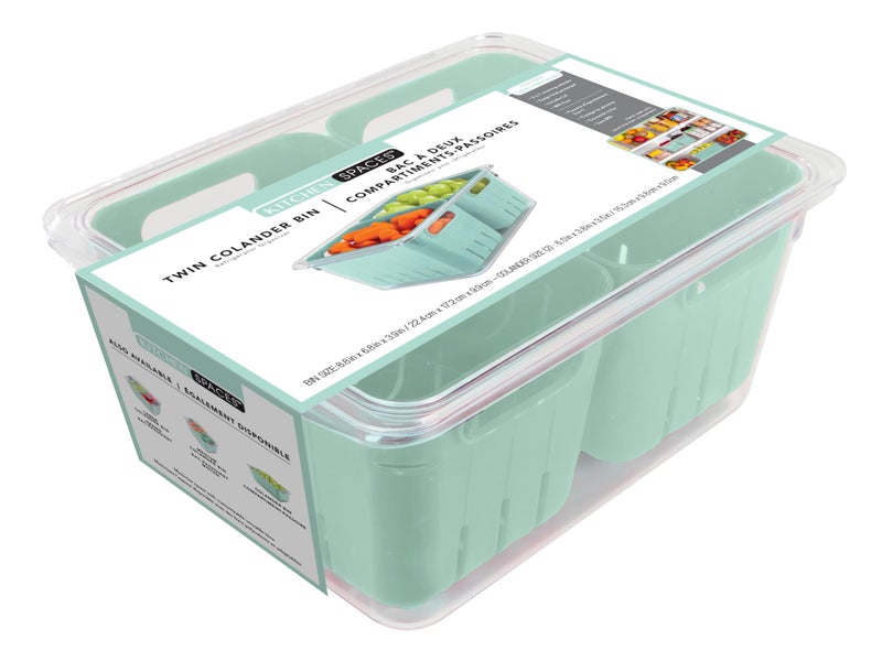 Kitchen Spaces Twin Colander Stackable Food Storage Organizer for Fridge Freezer and Pantry 88 x 68 x 39 Mint