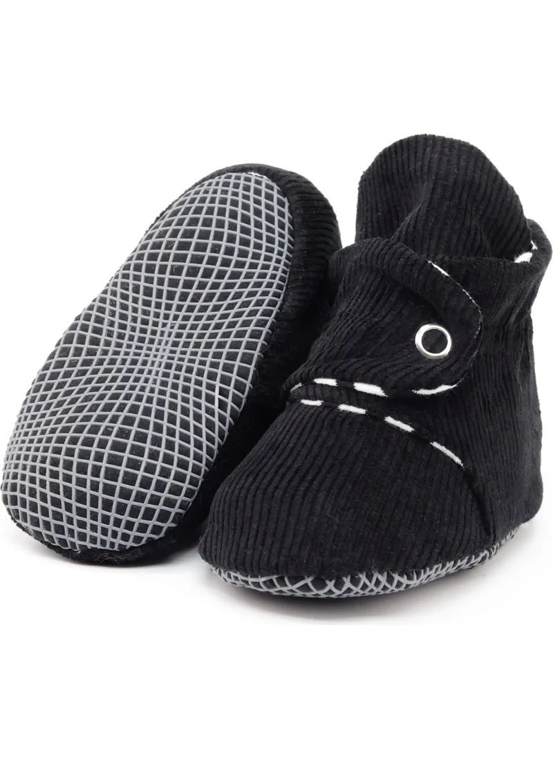 ايلا بونا Corduroy Baby Slippers, Non-Slip Sole, Striped Nursery Shoes, Organic Cotton Booties, Black