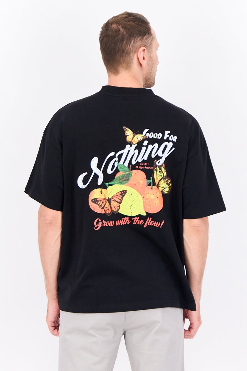 GOOD FOR NOTHING تي شيرت رجالي بأكمام قصيرة وياقة دائرية، مطبوع برسومات، مجموعة سوداء - Image 3