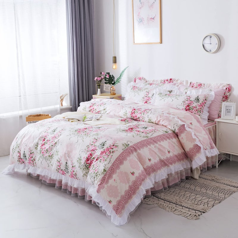 FADFAYRomantic Flower Print Bedding SetFloral Bed SetRustic Rural BeddingPrincess Lace Ruffle Duvet Cover King Queen Full Twin4Pcs Full - Image 2