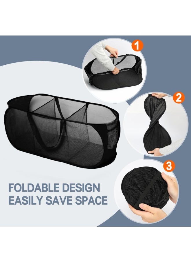 TYCOM Pop Up Laundry Mesh Hamper Basket Storage Solution Compact Bin Mesh Collapsible Bag Laundry Hamper Collapsible Laundry Basket Black Triple Compartment.  - Image 3