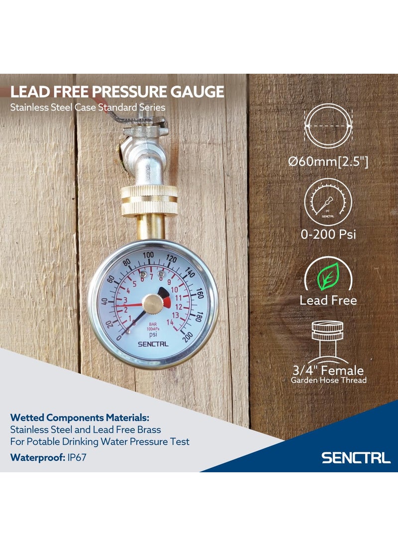 senctrl SENCTRL 0-200 Psi Water Pressure Gauge Test with Lazy Hand, Lead-Free, Waterproof, 2.5" Dial Size, 3/4" Female Garden Hose Thread, Stainless Steel Case, for Home Potable Water, House Tube  - Image 2