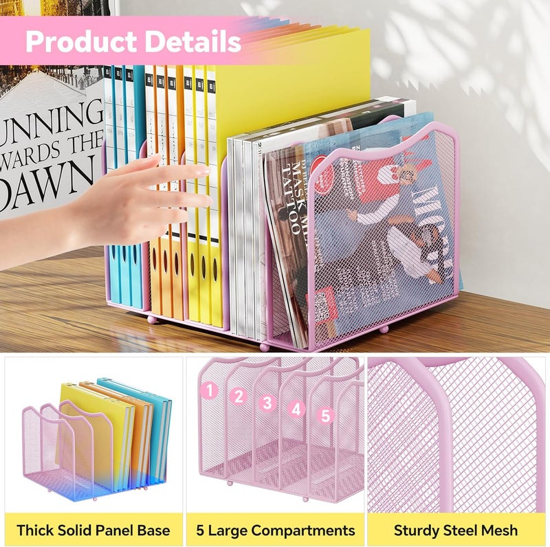 Simple Trending Mesh Desktop File Sorter Organizer, 5-Section Bookshelf for Desk Home Office, Pink - Image 5