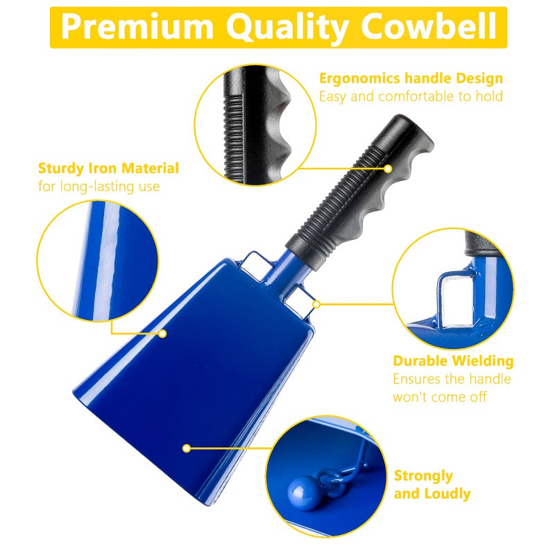Musfunny Steel Cowbells with Handle Cheering Cow Bell Loud Noise Makers for Sporting Events, Football Games, School Bell, Farm Hand Percussion Musical Instruments (10 inch Blue) - Image 3