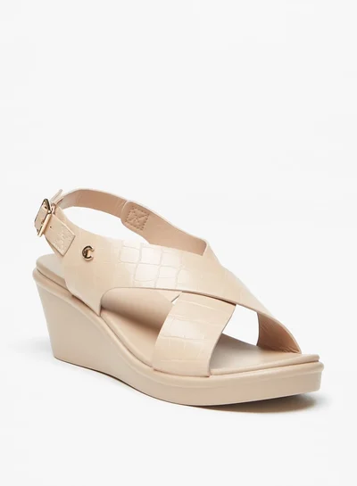 Le Confort Women's Textured Cross Strap Sandals with Wedge Heels and Buckle Closure