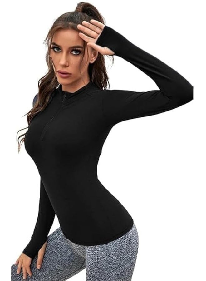 هنادى بلوزة رياضية نسائية اكمام طويلة نصف سوستة فتحة ابهام مريحة للرياضة والخروج - Image 3