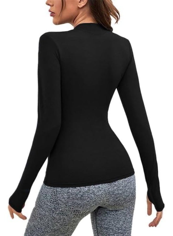 هنادى بلوزة رياضية نسائية اكمام طويلة نصف سوستة فتحة ابهام مريحة للرياضة والخروج - Image 2