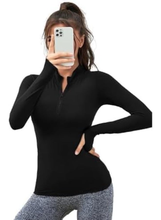 هنادى بلوزة رياضية نسائية اكمام طويلة نصف سوستة فتحة ابهام مريحة للرياضة والخروج - Image 1