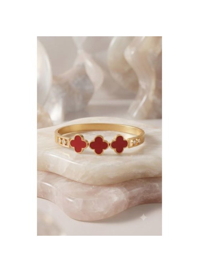 Gold Finish Stainless Steel Bangle with Triple Red Enamel Clover & Crystal Accents