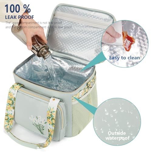 HSHRICH Insulated Lunch Bag for Women/Men, Dual Compartment Waterproof Reusable Large Lunch Box for Adlut Wide-Open Tote Cooler Bag For Working Picnic Hiking (16L, Green-Flowers) - Image 4