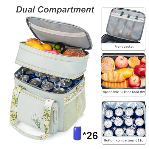 HSHRICH Insulated Lunch Bag for Women/Men, Dual Compartment Waterproof Reusable Large Lunch Box for Adlut Wide-Open Tote Cooler Bag For Working Picnic Hiking (16L, Green-Flowers) - Image 2