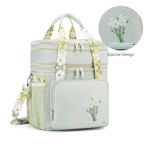 HSHRICH Insulated Lunch Bag for Women/Men, Dual Compartment Waterproof Reusable Large Lunch Box for Adlut Wide-Open Tote Cooler Bag For Working Picnic Hiking (16L, Green-Flowers) - Image 3