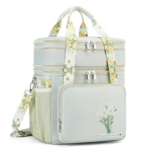 HSHRICH Insulated Lunch Bag for Women/Men, Dual Compartment Waterproof Reusable Large Lunch Box for Adlut Wide-Open Tote Cooler Bag For Working Picnic Hiking (16L, Green-Flowers) - Image 5