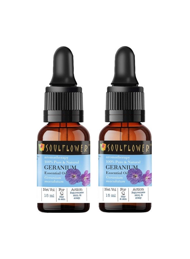 Soulflower Geranium Essential Oil For Moisturizing Hair & Skin 100% Pure, Natural & Undiluted Essential Oil, Ecocert Cosmos Organic Certified, (Pack Of 2) 15Ml Each - Image 1