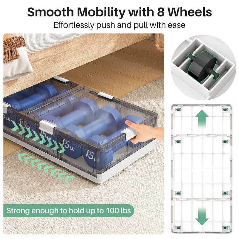 Kitstorack Clear Plastic Under Bed Storage Containers Bins with Lids and 8 Pre-installed Wheels,37.8 Qt, Rolling Foldable Flat Under Bed Organizer Boxes for Clothes Shoes Clothing Bedroom - Image 4