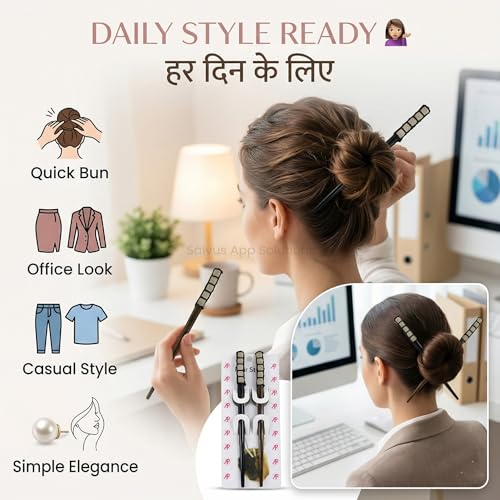 Salvus APP SOLUTIONS Trendy Silver Beads Black & Brown Wooden Hair stick/Juda Pin For Women & Girls (Set Of 2) - Image 3