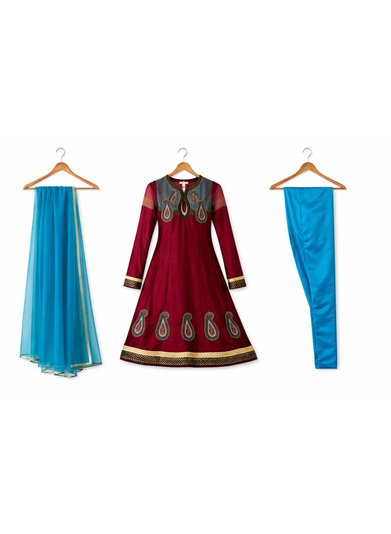 JOLLITY LLC Girls Ethnic Wear Kurti Set | 15–16 Years | 3 Piece Festive Outfit with Dupatta (Kurti, Pants & Scarf) | Maroon & Blue - Image 2