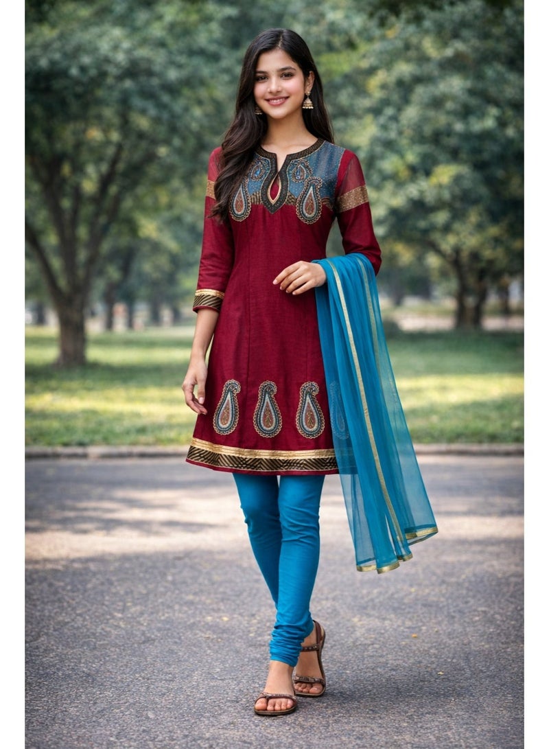 JOLLITY LLC Girls Ethnic Wear Kurti Set | 15–16 Years | 3 Piece Festive Outfit with Dupatta (Kurti, Pants & Scarf) | Maroon & Blue - Image 1