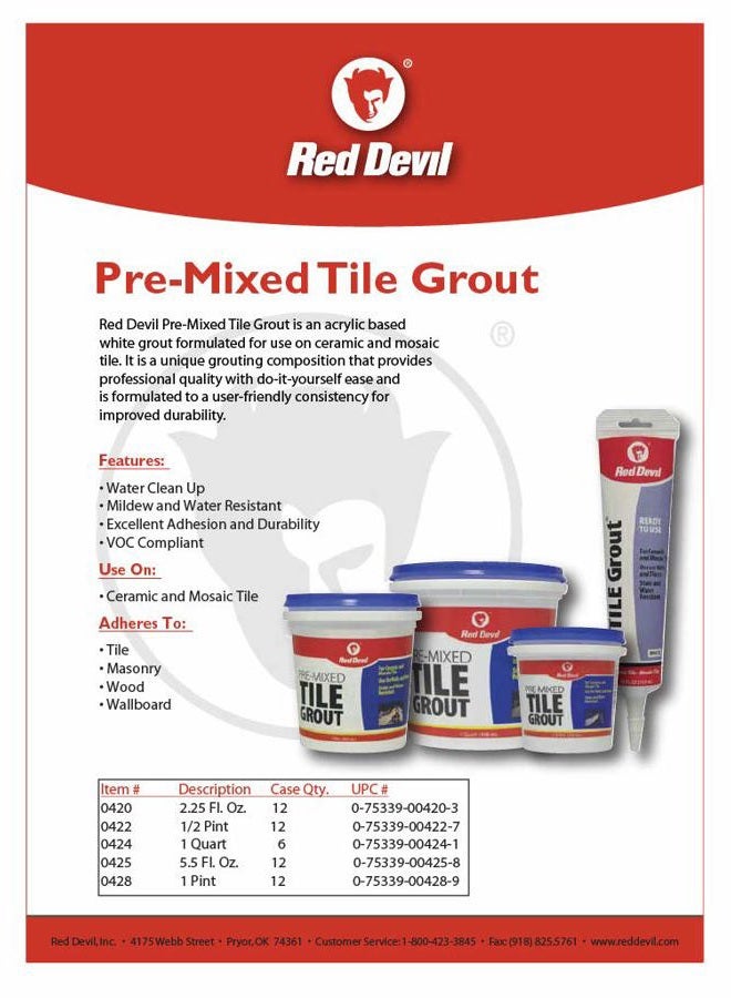 Red Devil 0425 أنبوب ضغط لمونة البلاط الممزوجة مسبقًا، 5.5 أوقية، أبيض - Image 2