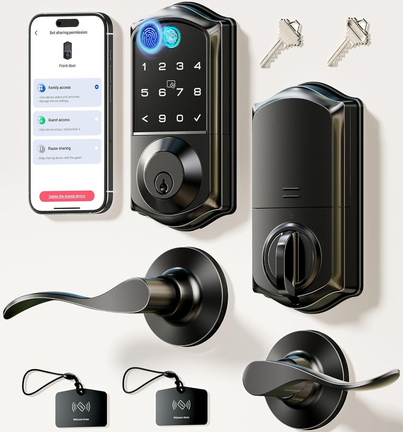 Veise VE017-L Fingerprint Smart Lock with 2 Lever Handles, Keyless Entry Front Door Lock Set, App Control, Electronic Digital Keypad Deadbolt, Easy Installation, Emergency Power Port, Matte Black - Image 1