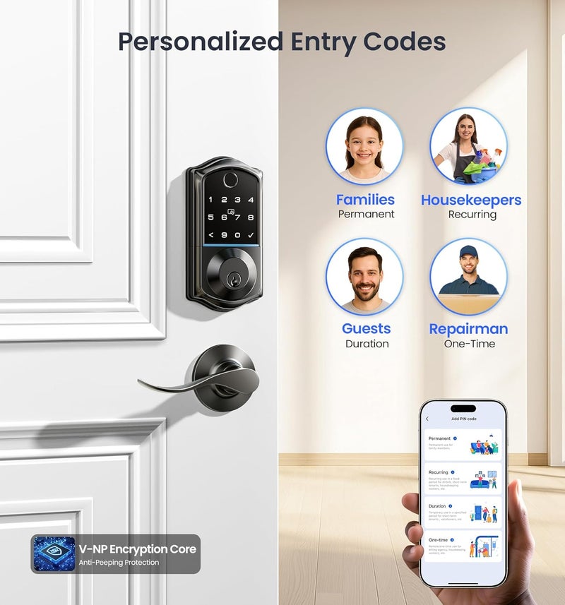 Veise VE017-L Fingerprint Smart Lock with 2 Lever Handles, Keyless Entry Front Door Lock Set, App Control, Electronic Digital Keypad Deadbolt, Easy Installation, Emergency Power Port, Matte Black - Image 3