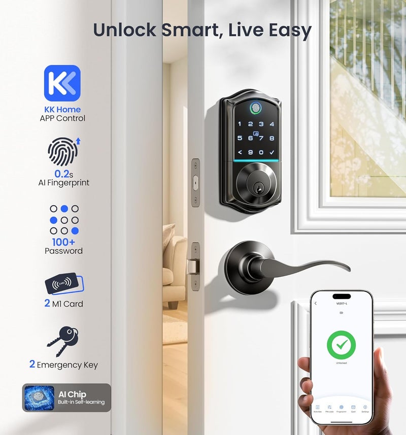 Veise VE017-L Fingerprint Smart Lock with 2 Lever Handles, Keyless Entry Front Door Lock Set, App Control, Electronic Digital Keypad Deadbolt, Easy Installation, Emergency Power Port, Matte Black - Image 2
