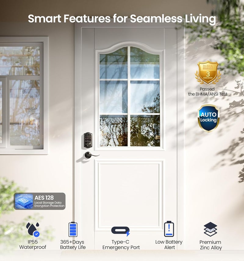 Veise VE017-L Fingerprint Smart Lock with 2 Lever Handles, Keyless Entry Front Door Lock Set, App Control, Electronic Digital Keypad Deadbolt, Easy Installation, Emergency Power Port, Matte Black - Image 5