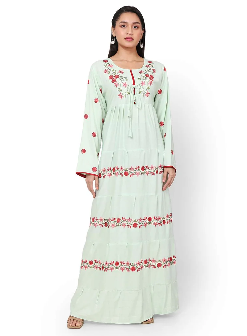 HANA & SARA FLORAL PRINTED NECK EMBROIDERED VISCOSE LONG ARABIC KAFTAN JALABIYA DRESS