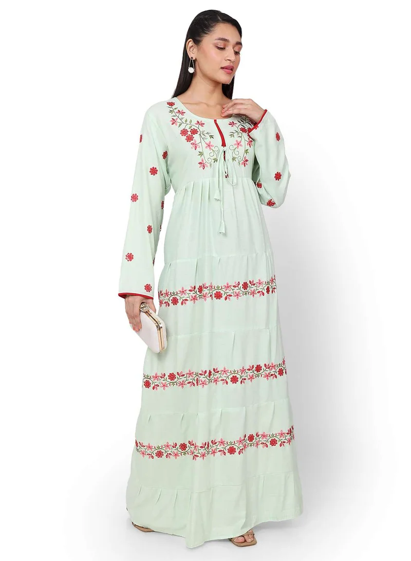 HANA & SARA FLORAL PRINTED NECK EMBROIDERED VISCOSE LONG ARABIC KAFTAN JALABIYA DRESS