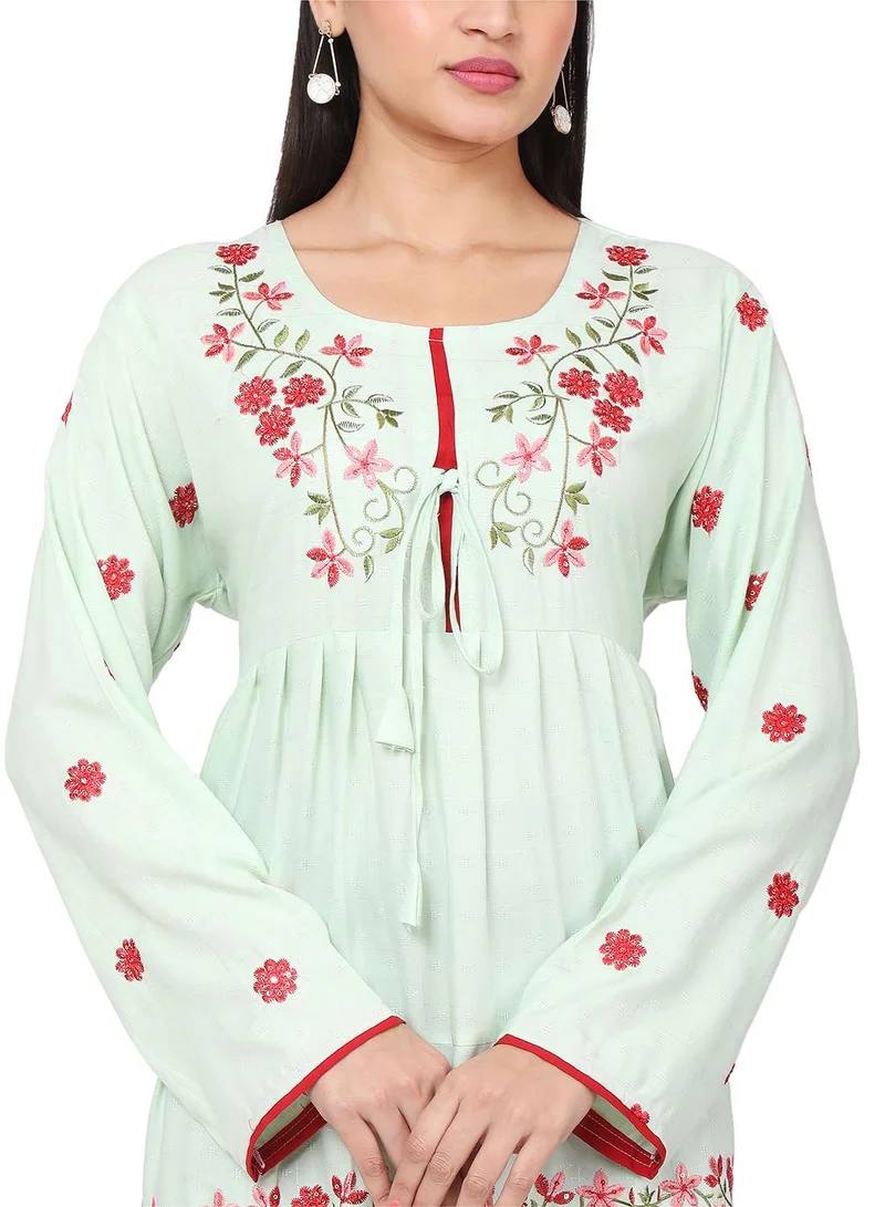 HANA & SARA FLORAL PRINTED NECK EMBROIDERED VISCOSE LONG ARABIC KAFTAN JALABIYA DRESS