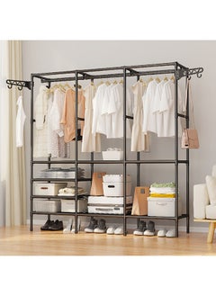 3-Row Heavy Duty Clothes Rack Freestanding Hanger with Side Hooks DIY Multi-Compartment Clothing Rack Large Size Clothes Organizer Rust-Proof Metal Stand with Raised Base Multi-Function Portable Wardrobe for Clothes Shoes Bags Hats Black