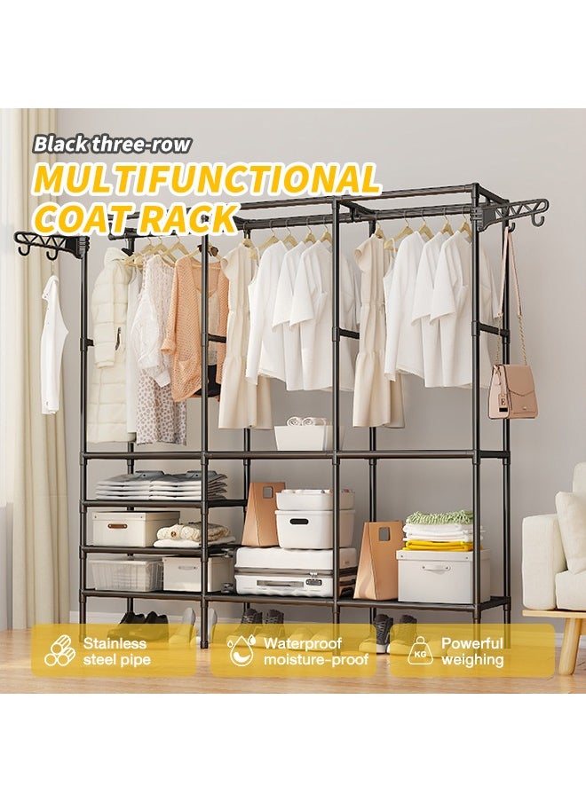Generic - 3-Row Heavy Duty Clothes Rack Freestanding Hanger with Side Hooks DIY Multi-Compartment Clothing Rack Large Size Clothes Organizer Rust-Proof Metal Stand with Raised Base Multi-Function Portable Wardrobe for Clothes Shoes Bags Hats Black - Image 1