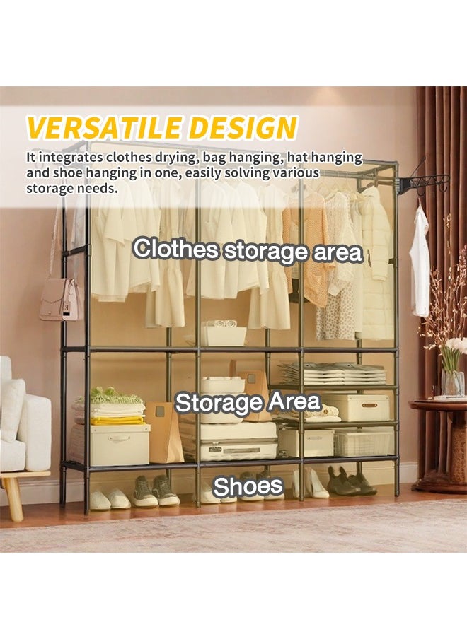 Generic - 3-Row Heavy Duty Clothes Rack Freestanding Hanger with Side Hooks DIY Multi-Compartment Clothing Rack Large Size Clothes Organizer Rust-Proof Metal Stand with Raised Base Multi-Function Portable Wardrobe for Clothes Shoes Bags Hats Black - Image 1