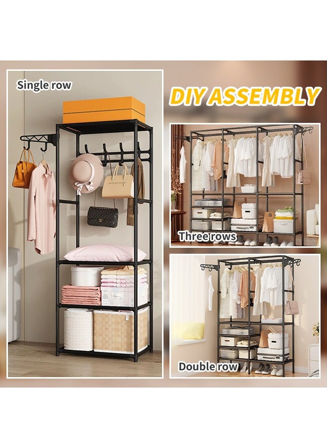 Generic - 3-Row Heavy Duty Clothes Rack Freestanding Hanger with Side Hooks DIY Multi-Compartment Clothing Rack Large Size Clothes Organizer Rust-Proof Metal Stand with Raised Base Multi-Function Portable Wardrobe for Clothes Shoes Bags Hats Black - Image 1