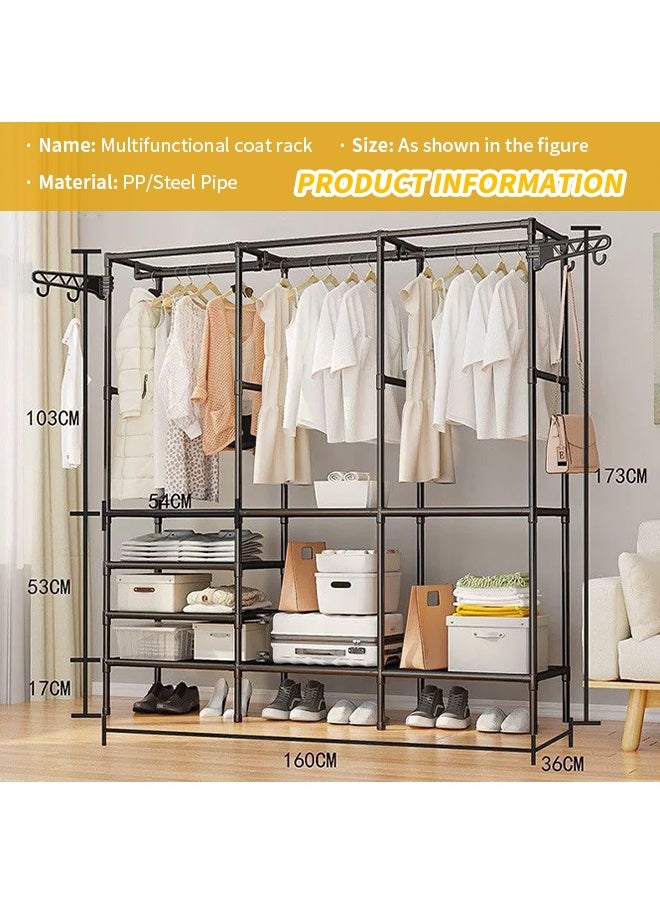 Generic - 3-Row Heavy Duty Clothes Rack Freestanding Hanger with Side Hooks DIY Multi-Compartment Clothing Rack Large Size Clothes Organizer Rust-Proof Metal Stand with Raised Base Multi-Function Portable Wardrobe for Clothes Shoes Bags Hats Black - Image 1