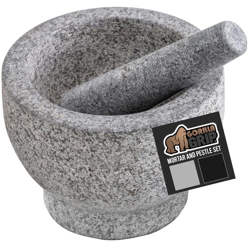Gorilla Grip طقم مدقة وهاون ثقيل مع قاعدة مقاومة للانزلاق، وعاء غوامولي من حجر الجرانيت 100%، لطحن البذور، الثوم، الأعشاب، أداة مطبخ، هدايا عيد الميلاد للطهاة، 1.5 كوب رمادي - Image 1