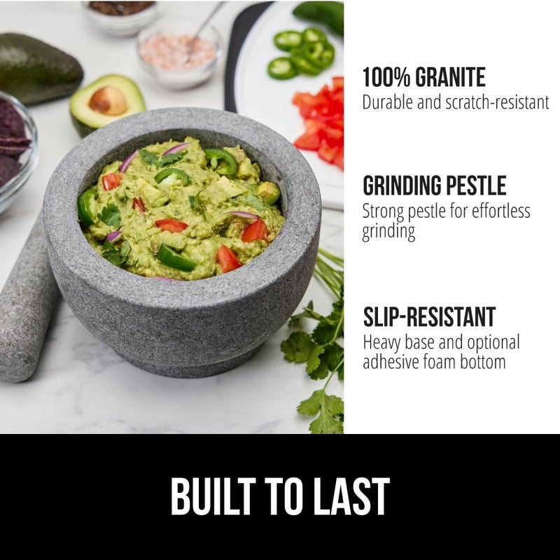 Gorilla Grip طقم مدقة وهاون ثقيل مع قاعدة مقاومة للانزلاق، وعاء غوامولي من حجر الجرانيت 100%، لطحن البذور، الثوم، الأعشاب، أداة مطبخ، هدايا عيد الميلاد للطهاة، 1.5 كوب رمادي - Image 2