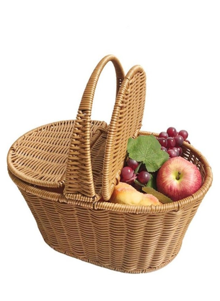 LINGWEI Wicker Picnic Basket with Double Lid and Handle Natural Study Wicker Basket Vintage-Style Woven Basket 49x40x30cm - Image 1