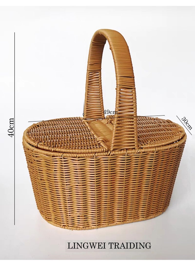 LINGWEI Wicker Picnic Basket with Double Lid and Handle Natural Study Wicker Basket Vintage-Style Woven Basket 49x40x30cm - Image 4