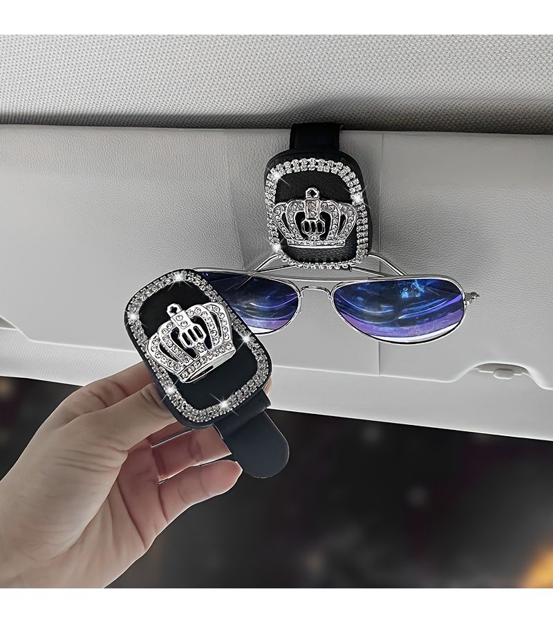 Rhinestone Crown Pattern Sun Visor Clip For Glasses PU Leather Car Eyewear Storage Rack - Image 1