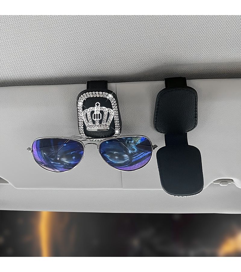 Rhinestone Crown Pattern Sun Visor Clip For Glasses PU Leather Car Eyewear Storage Rack - Image 5