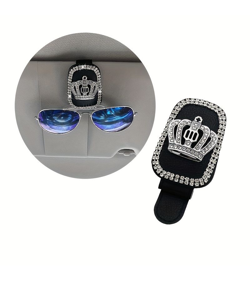 Rhinestone Crown Pattern Sun Visor Clip For Glasses PU Leather Car Eyewear Storage Rack - Image 4