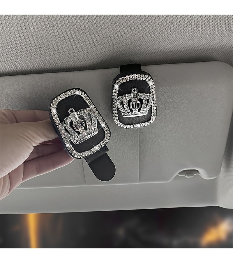 Rhinestone Crown Pattern Sun Visor Clip For Glasses PU Leather Car Eyewear Storage Rack - Image 3