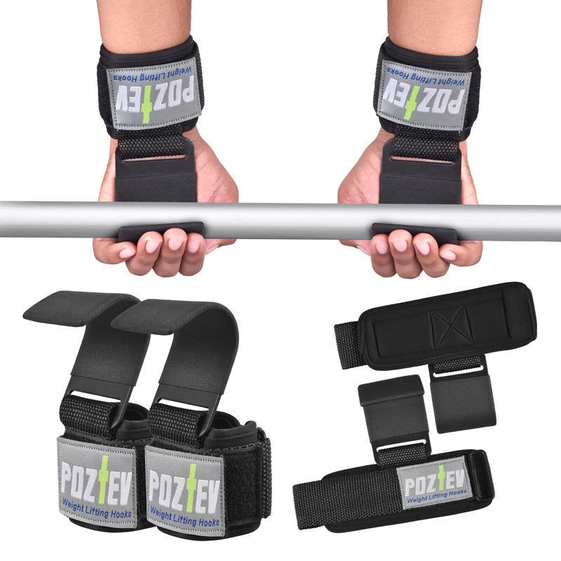 POZTEV Weight Lifting Hooks (PAIR) - Padded Wrist Wraps - Hand Grips Deadlift Straps for Men and Women - Grip Support for Bodybuilding Heavy Gym Workout - Ideal for Deadlifts, Powerlifting, Shrugs, Pull-Ups - Image 1
