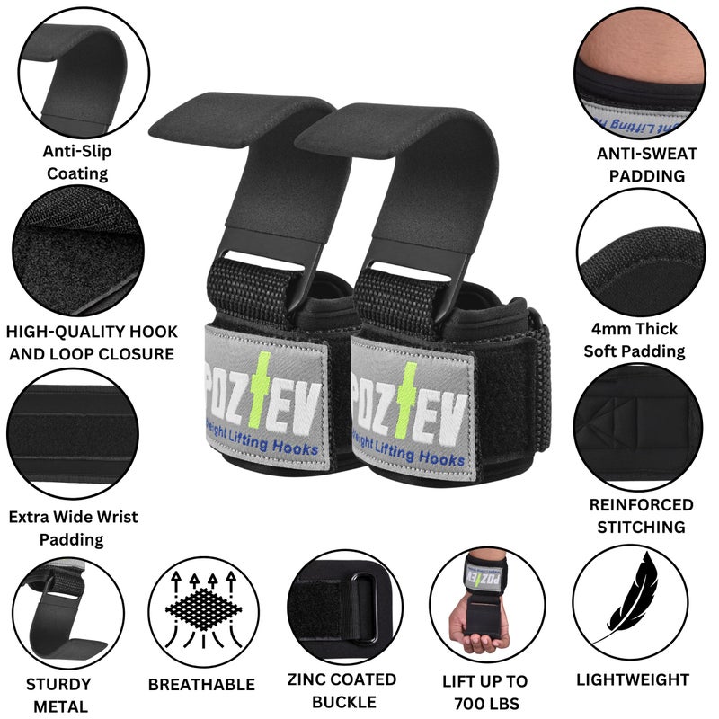 POZTEV Weight Lifting Hooks (PAIR) - Padded Wrist Wraps - Hand Grips Deadlift Straps for Men and Women - Grip Support for Bodybuilding Heavy Gym Workout - Ideal for Deadlifts, Powerlifting, Shrugs, Pull-Ups - Image 2