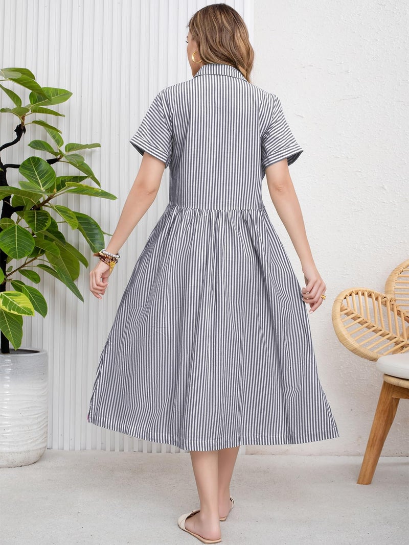 ebossy Women's Boho Striped Shirt Dress Button Up Side Slit Loose Mid Long Cotton Dress with Pockets (XL, Grey) - Image 4