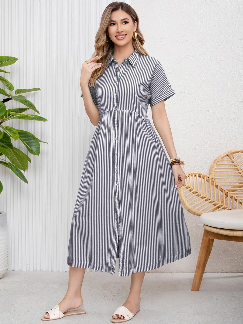 ebossy Women's Boho Striped Shirt Dress Button Up Side Slit Loose Mid Long Cotton Dress with Pockets (XL, Grey) - Image 2
