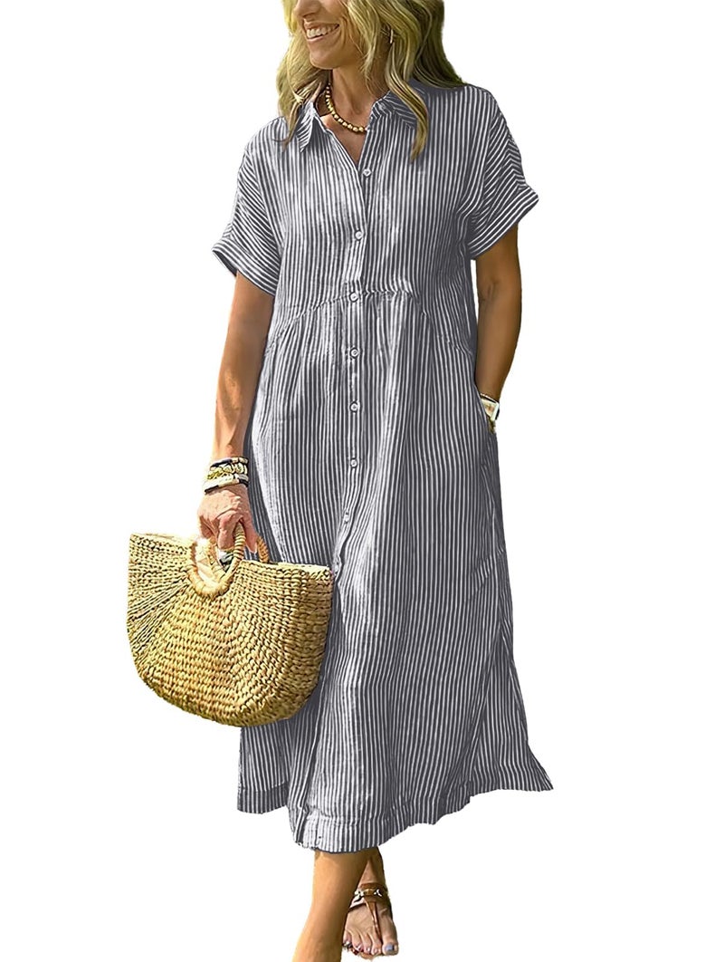 ebossy Women's Boho Striped Shirt Dress Button Up Side Slit Loose Mid Long Cotton Dress with Pockets (XL, Grey) - Image 1